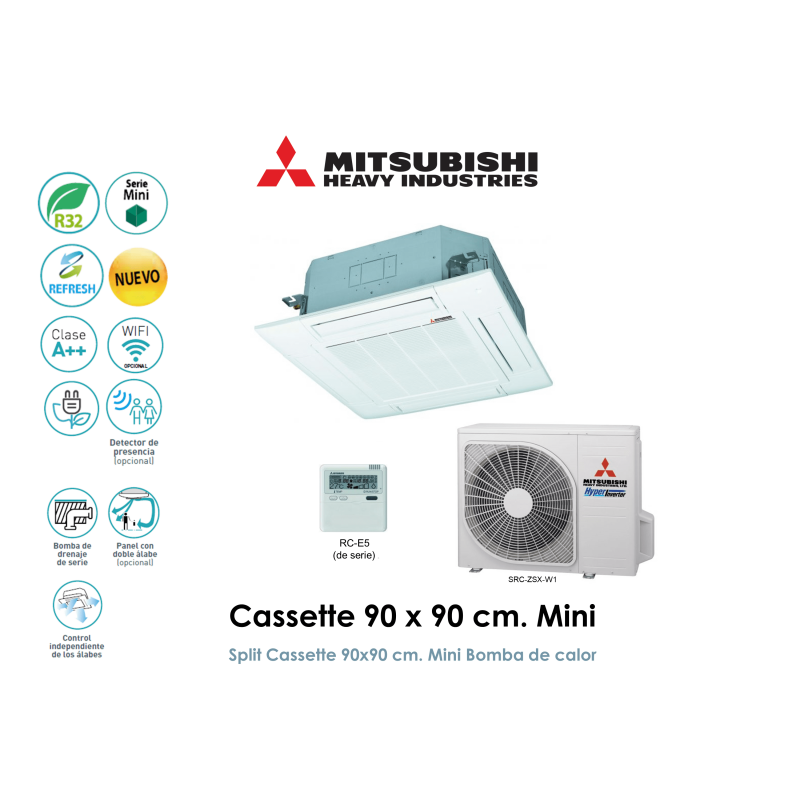 mitsubishi heavy cassette 90 x 90 cm. mini FDT50VHNX-W con sensor de presencia