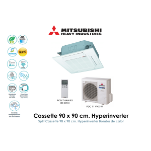 mitsubishi heavy cassette 90 x 90 cm. hyperinverter FDT(N)71VHNX-W con panel doble álabe