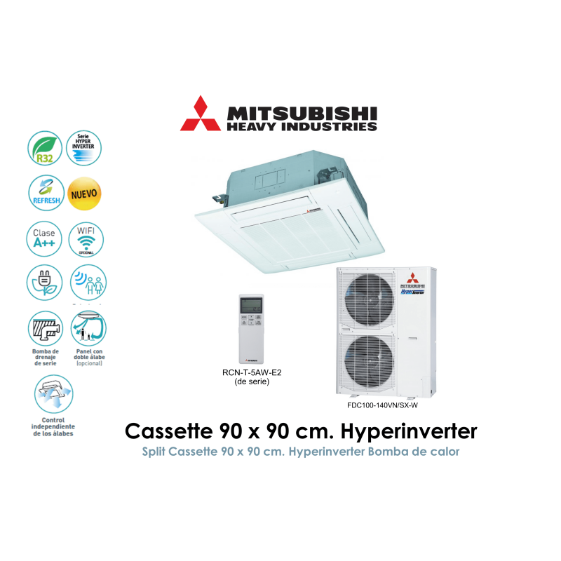 mitsubishi heavy cassette 90 x 90 cm. hyperinverter FDT(N)140VHN/SX-W con panel doble álabe  con sensor de presencia