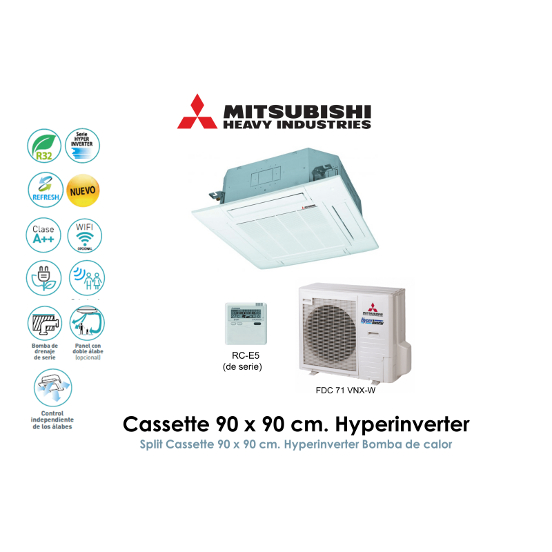 mitsubishi heavy cassette 90 x 90 cm. hyperinverter FDT71VHNX-W con sensor de presencia