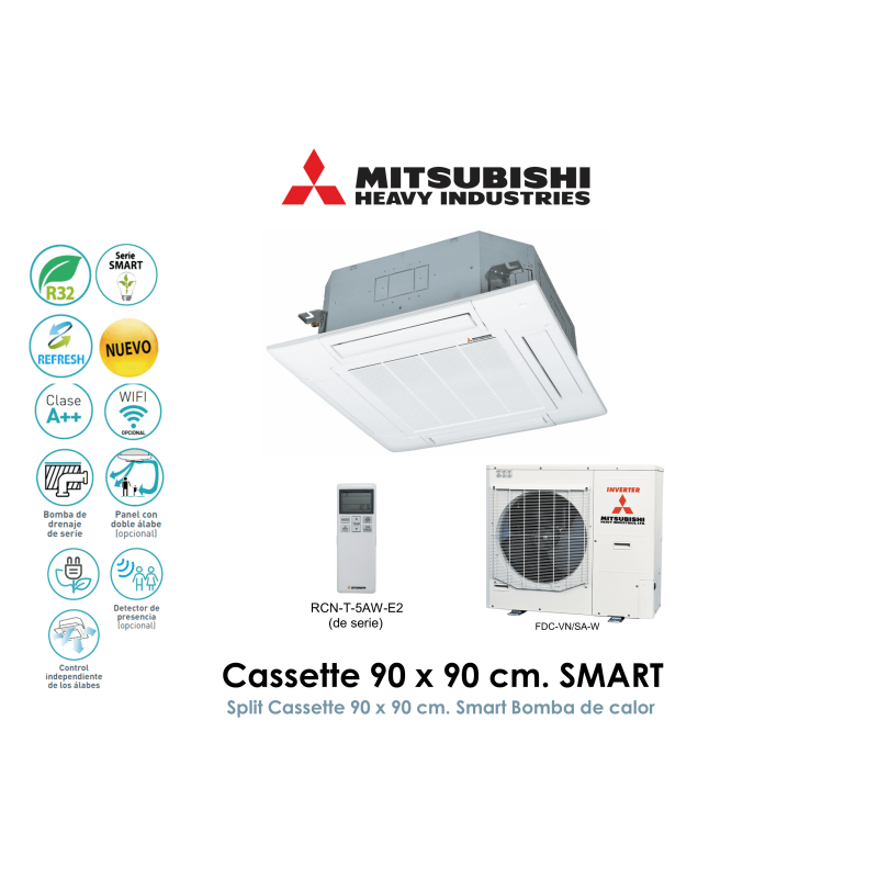 mitsubishi heavy cassette 90 x 90 cm. smart FDT(N)100VHN/SA-W Trifásico con panel doble álabe  con sensor de presencia