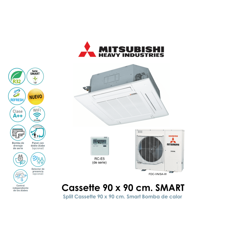 mitsubishi heavy cassette 90 x 90 cm. smart FDT125VHN/SA-W Trifásico con sensor de presencia