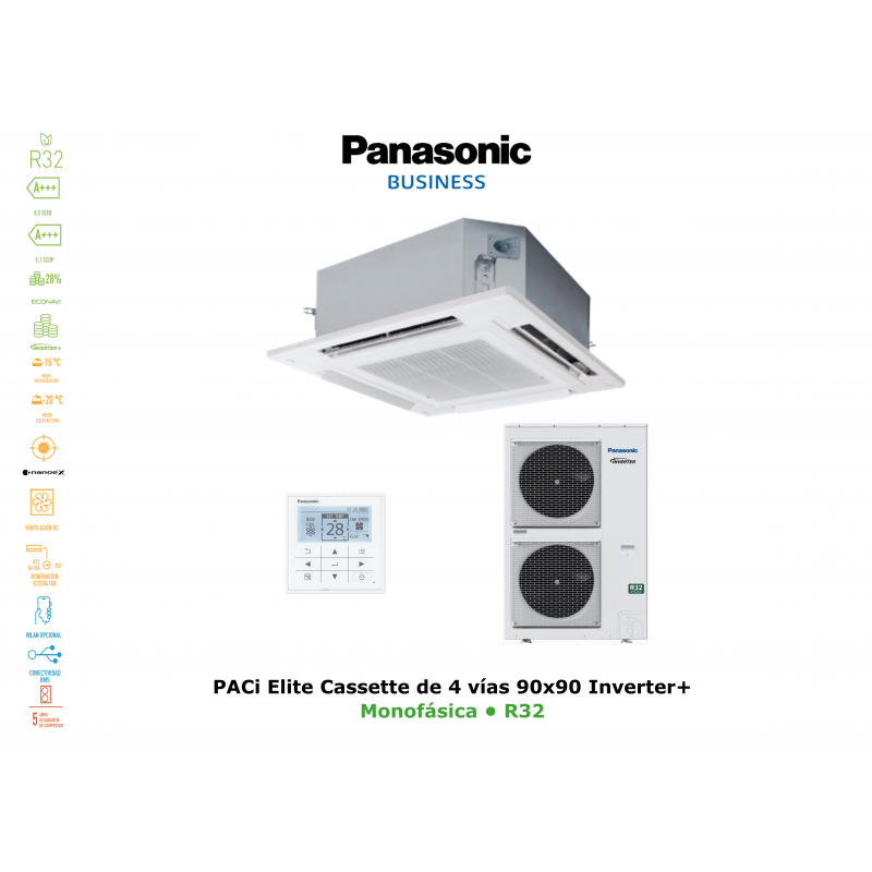 Aire acondicionado panasonic paci elite cassette de 4 vías 90x90 inverter+ KIT-125PU2ZH5 blanco