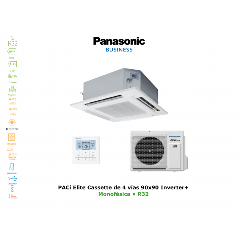 Aire acondicionado panasonic paci elite cassette de 4 vías 90x90 inverter+ KIT-36PU2ZH5 blanco con wifi