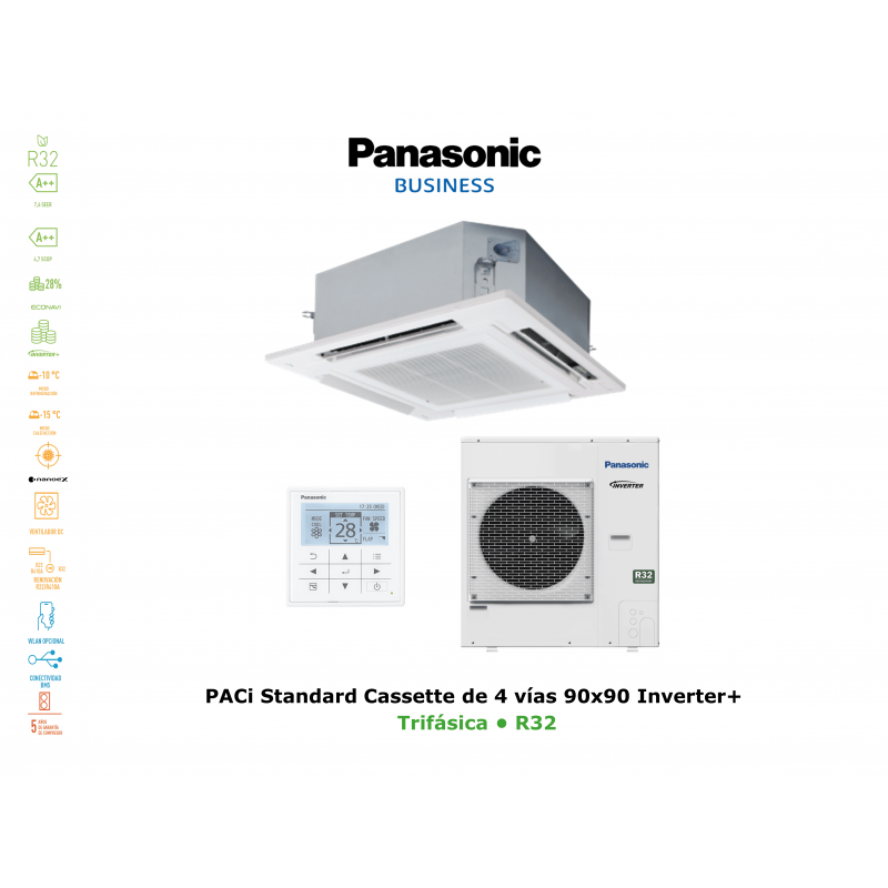 Aire acondicionado panasonic paci standard cassette de 4 vías 90x90 inverter+  KIT-100PU2Z8 blanco