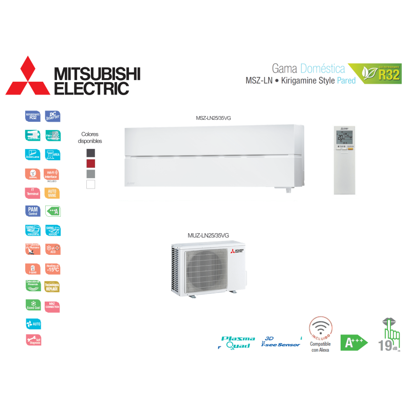 Aire acondicionado mitsubishi electric split pared 1x1 kirigamine style msz-ln35vgw blanco con wifi