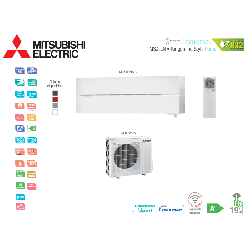 Aire acondicionado mitsubishi electric split pared 1x1 kirigamine style msz-ln50vgw blanco con wifi