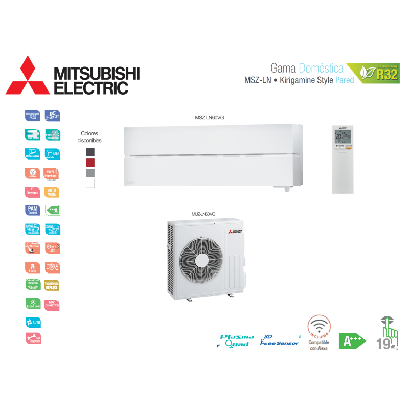 Aire acondicionado mitsubishi electric split pared 1x1 kirigamine style msz-ln60vgw blanco con wifi