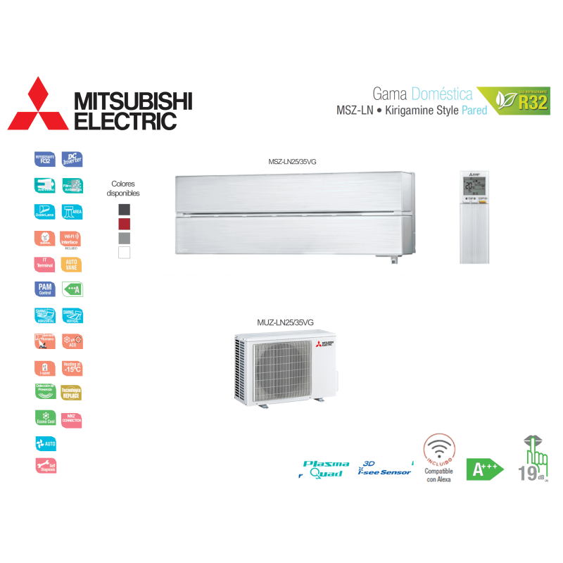 Aire acondicionado mitsubishi electric split pared 1x1 kirigamine style msz-ln35vgv blanco perla con wifi