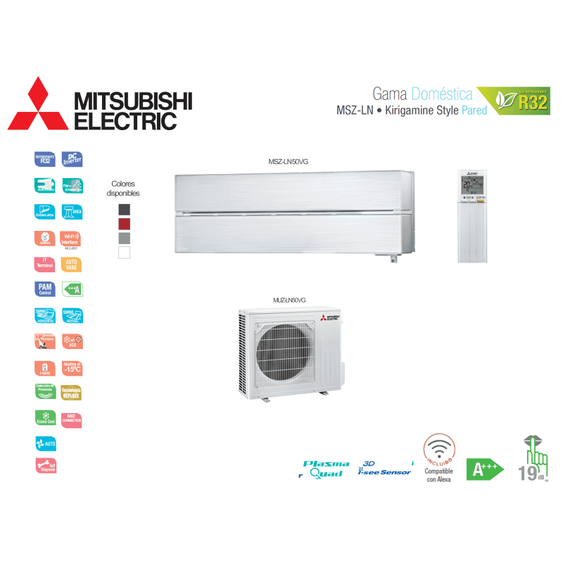 Aire acondicionado mitsubishi electric split pared 1x1 kirigamine style msz-ln50vgv blanco perla con wifi