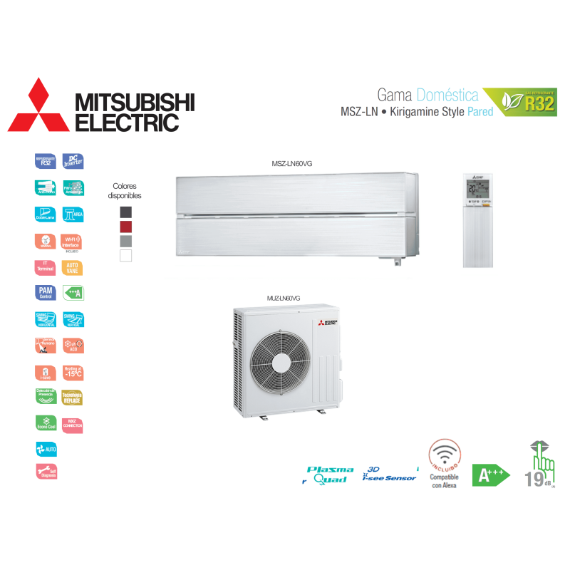 Aire acondicionado mitsubishi electric split pared 1x1 kirigamine style msz-ln60vgv blanco perla con wifi