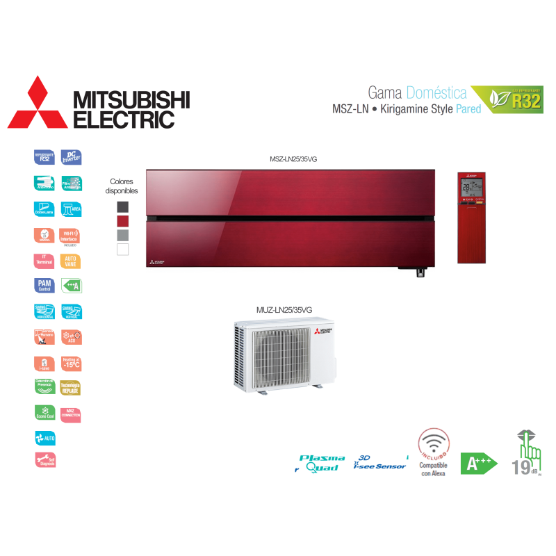 Aire acondicionado mitsubishi electric split pared 1x1 kirigamine style msz-ln35vgr rojo rubí con wifi