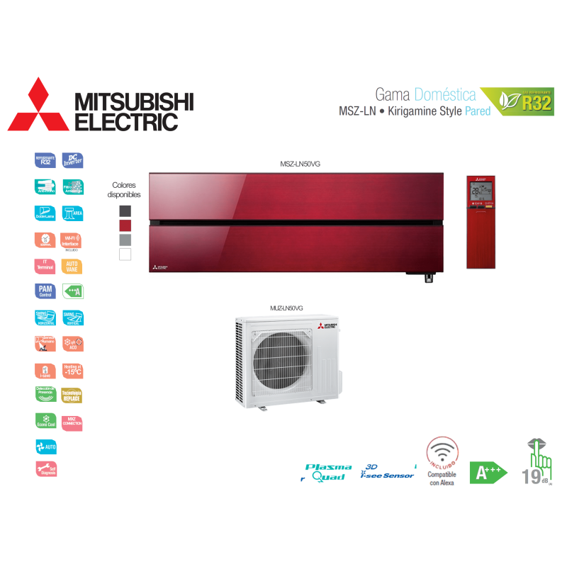 Aire acondicionado mitsubishi electric split pared 1x1 kirigamine style msz-ln50vgr rojo rubí con wifi