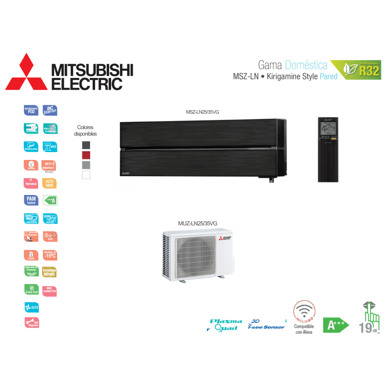 Aire acondicionado mitsubishi electric split pared 1x1 kirigamine style msz-ln35vgb negro onyx con wifi
