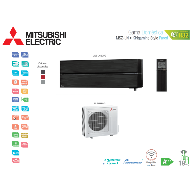 Aire acondicionado mitsubishi electric split pared 1x1 kirigamine style msz-ln50vgb negro onyx con wifi