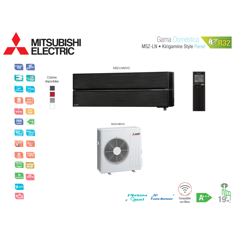Aire acondicionado mitsubishi electric split pared 1x1 kirigamine style msz-ln60vgb negro onyx con wifi