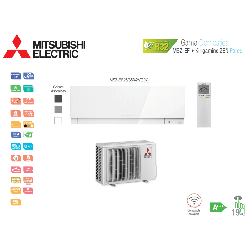 Aire acondicionado mitsubishi electric split pared 1x1 kirigamine zen msz-ef25vg(k)-w blanco con wifi