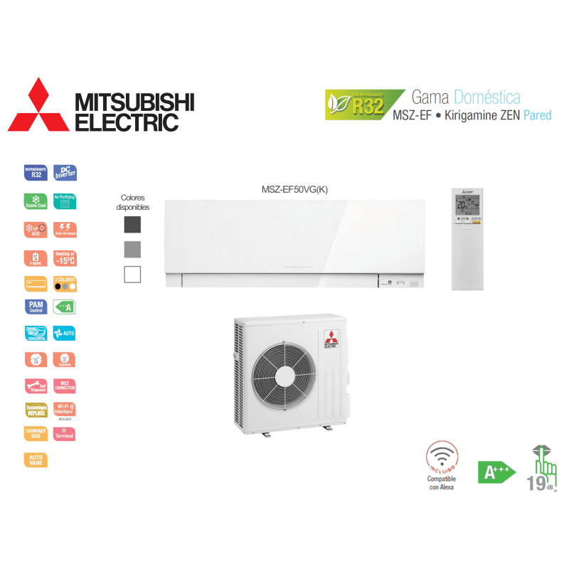 Aire acondicionado mitsubishi electric split pared 1x1 kirigamine zen msz-ef50vg(k)-w blanco con wifi