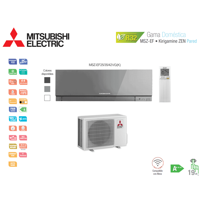 Aire acondicionado mitsubishi electric split pared 1x1 kirigamine zen msz-ef42vg(k)-s plata con wifi