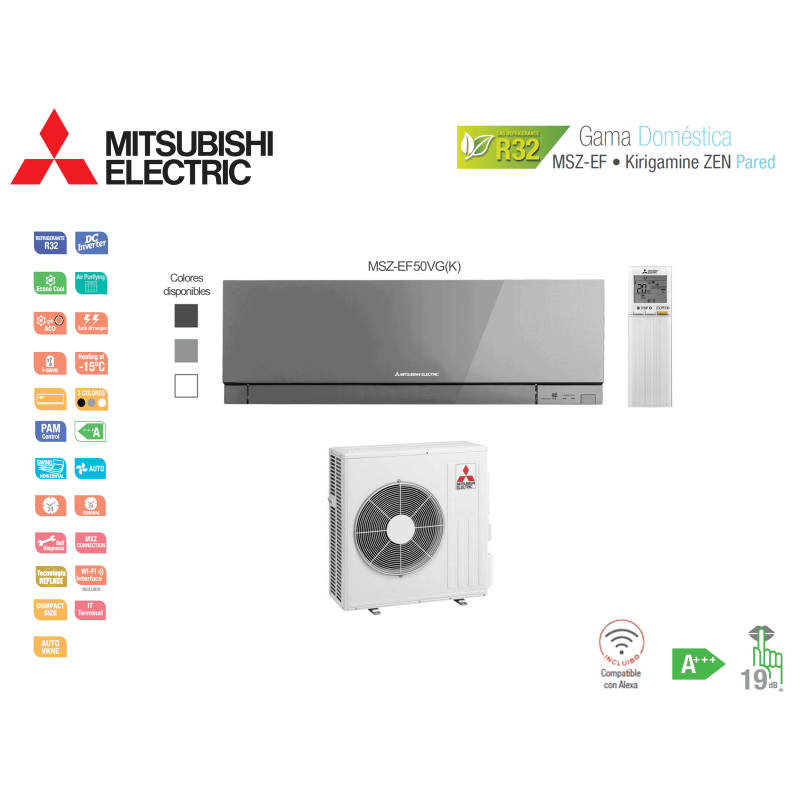 Aire acondicionado mitsubishi electric split pared 1x1 kirigamine zen msz-ef50vg(k)-s plata con wifi