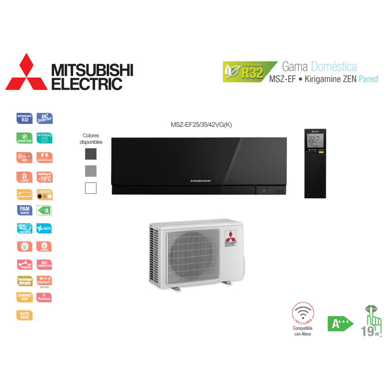 Aire acondicionado mitsubishi electric split pared 1x1 kirigamine zen msz-ef42vg(k)-b negro con wifi