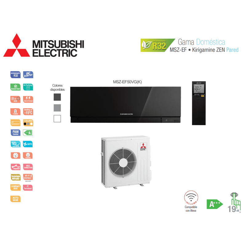 Aire acondicionado mitsubishi electric split pared 1x1 kirigamine zen msz-ef50vg(k)-b negro con wifi
