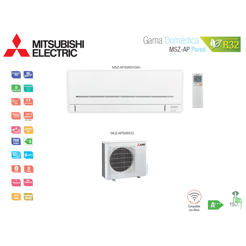 Aire acondicionado mitsubishi electric split pared 1x1 msz-ap msz-ap60vg(k) blanco con wifi
