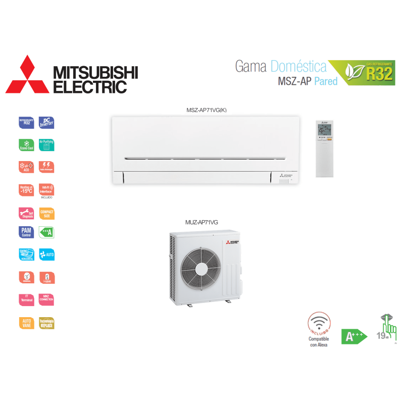 Aire acondicionado mitsubishi electric split pared 1x1 msz-ap msz-ap71vg(k) blanco con wifi