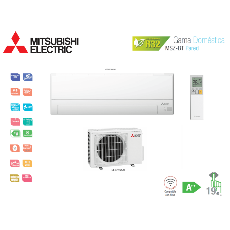 Aire acondicionado mitsubishi electric split pared 1x1 msz-bt msz-bt50vgk blanco con wifi