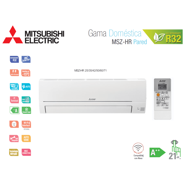 Aire acondicionado mitsubishi electric split pared 1x1 msz-hr msz-hr25vf blanco