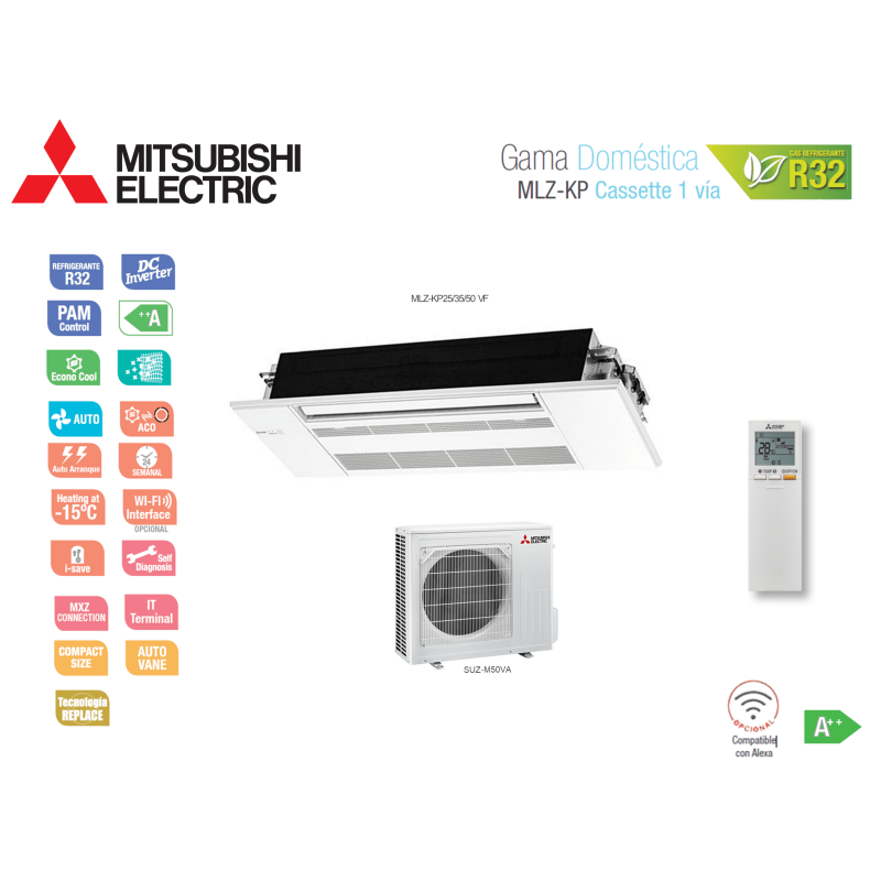 Aire acondicionado mitsubishi electric cassette 1 via mlz-kp mlz-kp50vf blanco con wifi