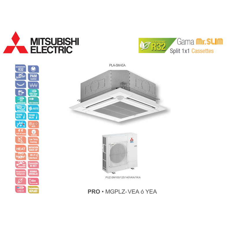 Aire acondicionado mitsubishi electric cassette mr. slim pro mgplz-100vea blanco con wifi