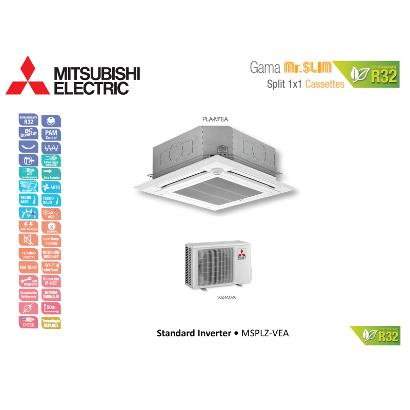 Aire acondicionado mitsubishi electric cassette mr. slim standard inverter msplz-35vea blanco con wifi