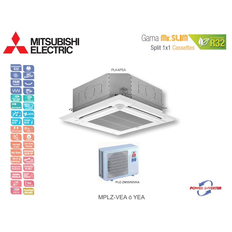 Aire acondicionado mitsubishi electric cassette mr. slim power inverter mplz-35vea blanco