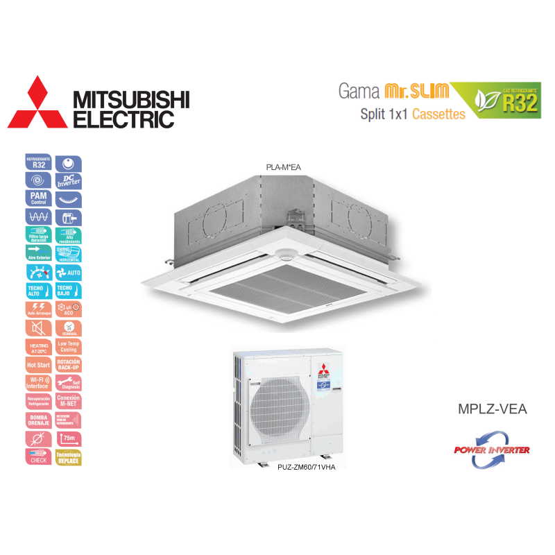 Aire acondicionado mitsubishi electric cassette mr. slim power inverter mplz-71vea blanco