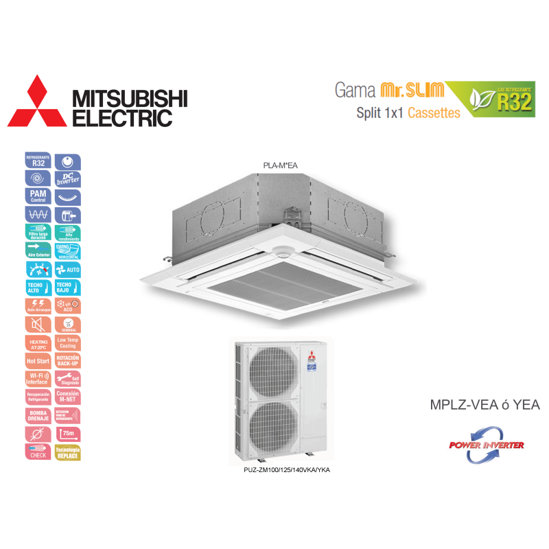 Aire acondicionado mitsubishi electric cassette mr. slim power inverter mplz-140yea blanco con wifi
