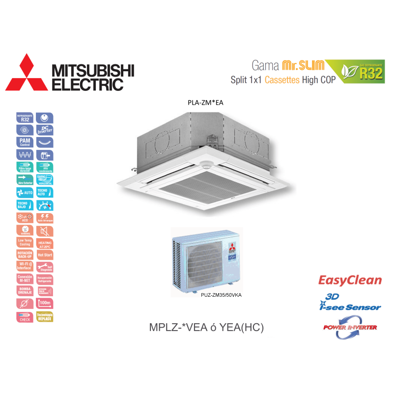 Aire acondicionado mitsubishi electric cassette high cop mr. slim power inverter mplz-50vea(hc) blanco con wifi