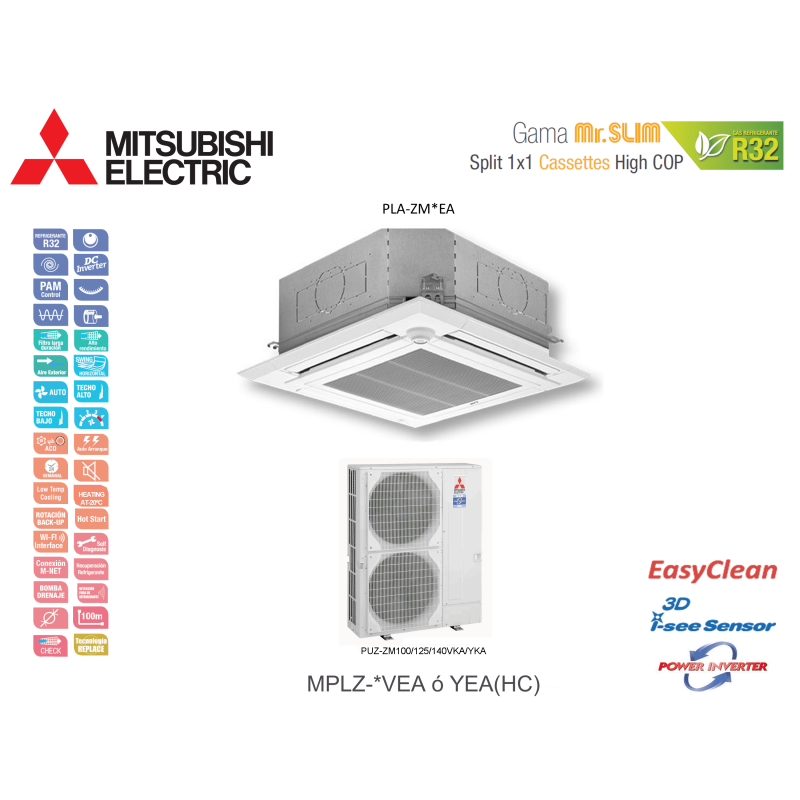 Aire acondicionado mitsubishi electric cassette high cop mr. slim power inverter mplz-140vea(hc) blanco con wifi