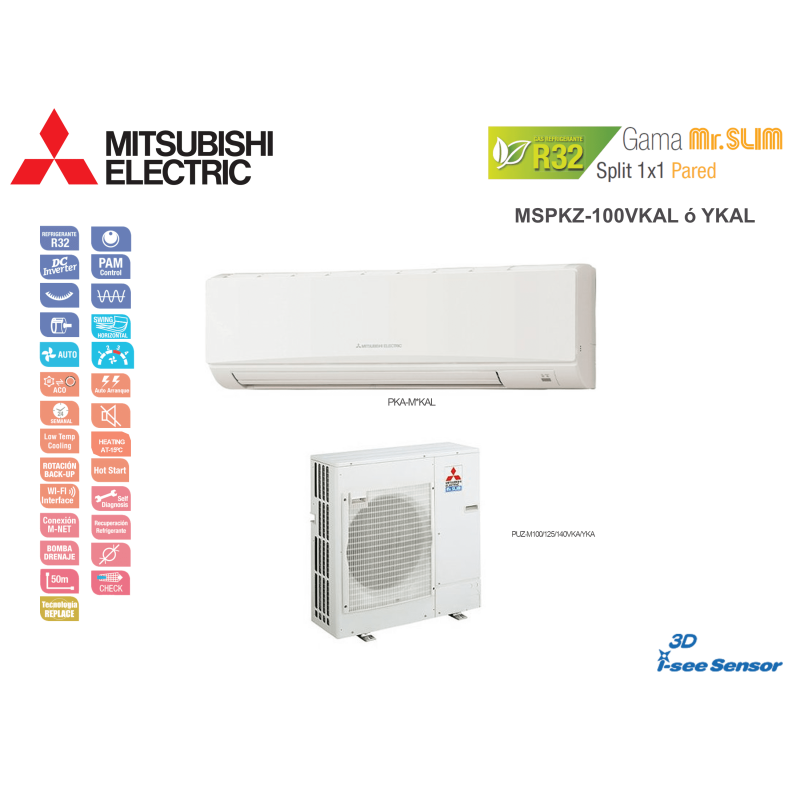 Aire acondicionado mitsubishi electric split pared 1x1 mr. slim standard inverter mspkz-100ykal blanco