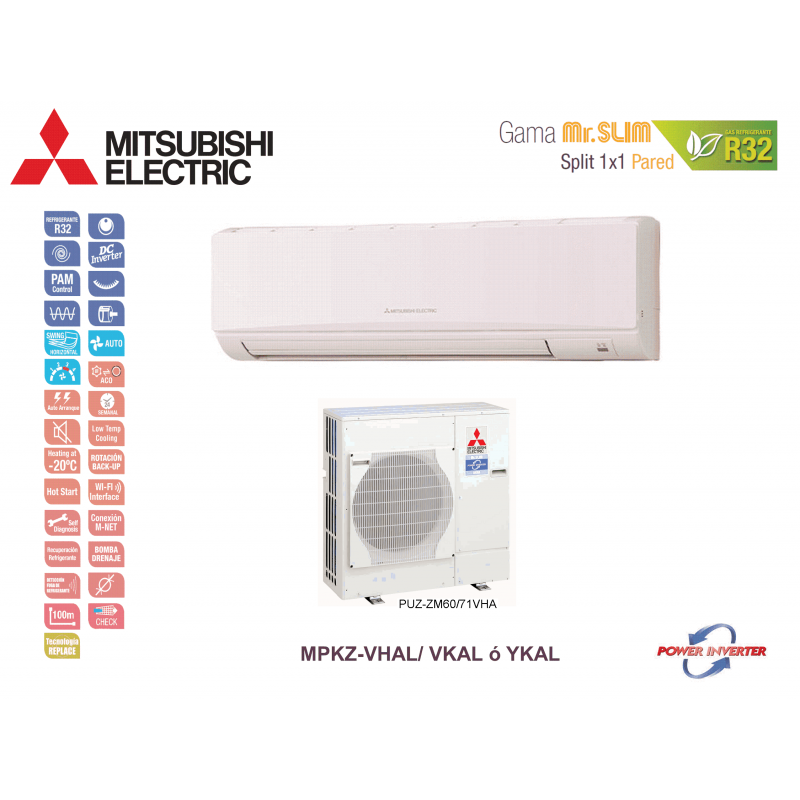 Aire acondicionado mitsubishi electric split pared 1x1 mr. slim power inverter mpkz-71vkal blanco