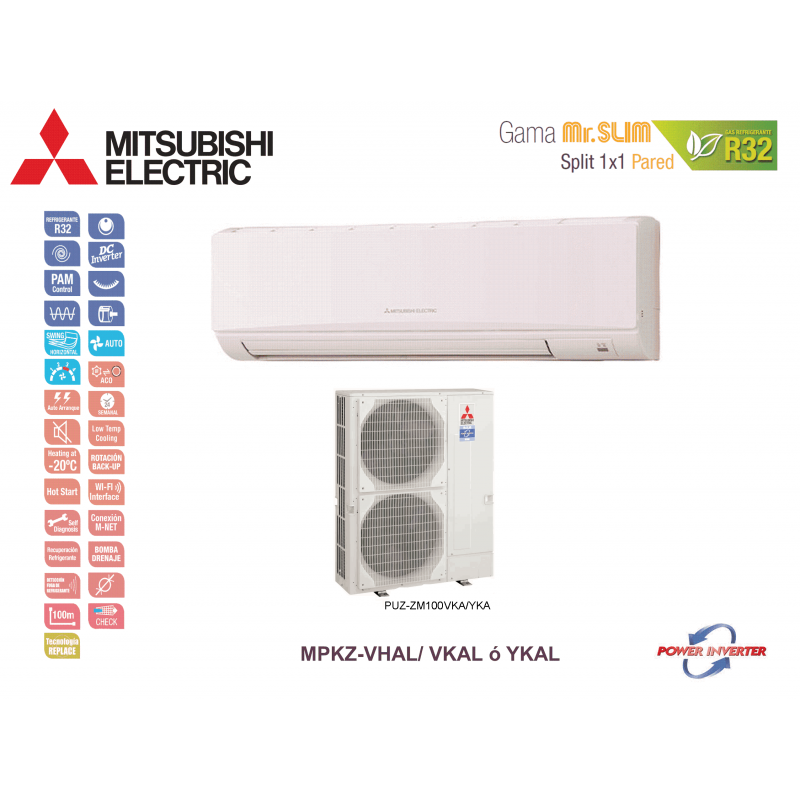 Aire acondicionado mitsubishi electric split pared 1x1 mr. slim power inverter mpkz-100vkal blanco