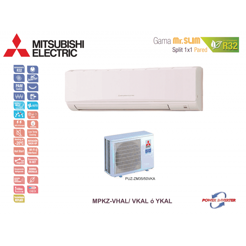 Aire acondicionado mitsubishi electric split pared 1x1 mr. slim power inverter mpkz-50vhal blanco con wifi
