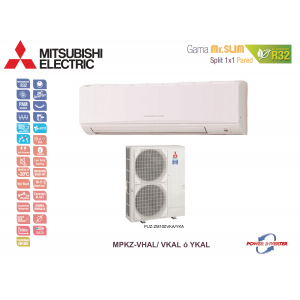 Aire acondicionado mitsubishi electric split pared 1x1 mr. slim power inverter mpkz-100ykal blanco con wifi