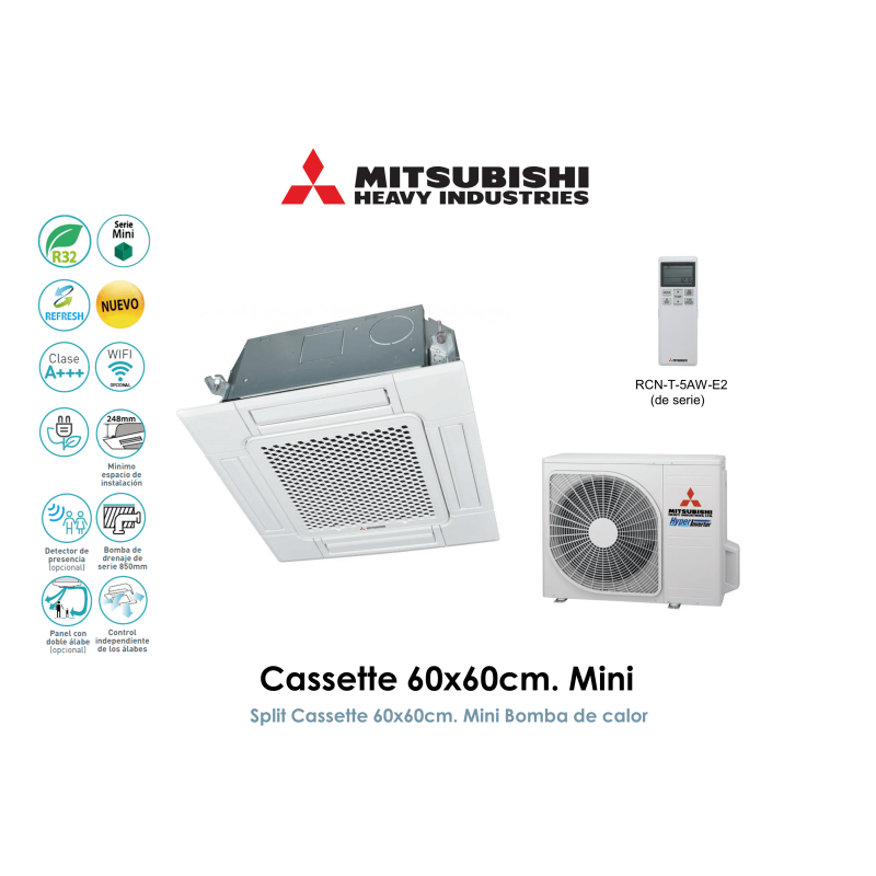 mitsubishi heavy cassette 60x60cm. mini FDTC(N)35VHN-W con panel doble álabe  con wifi
